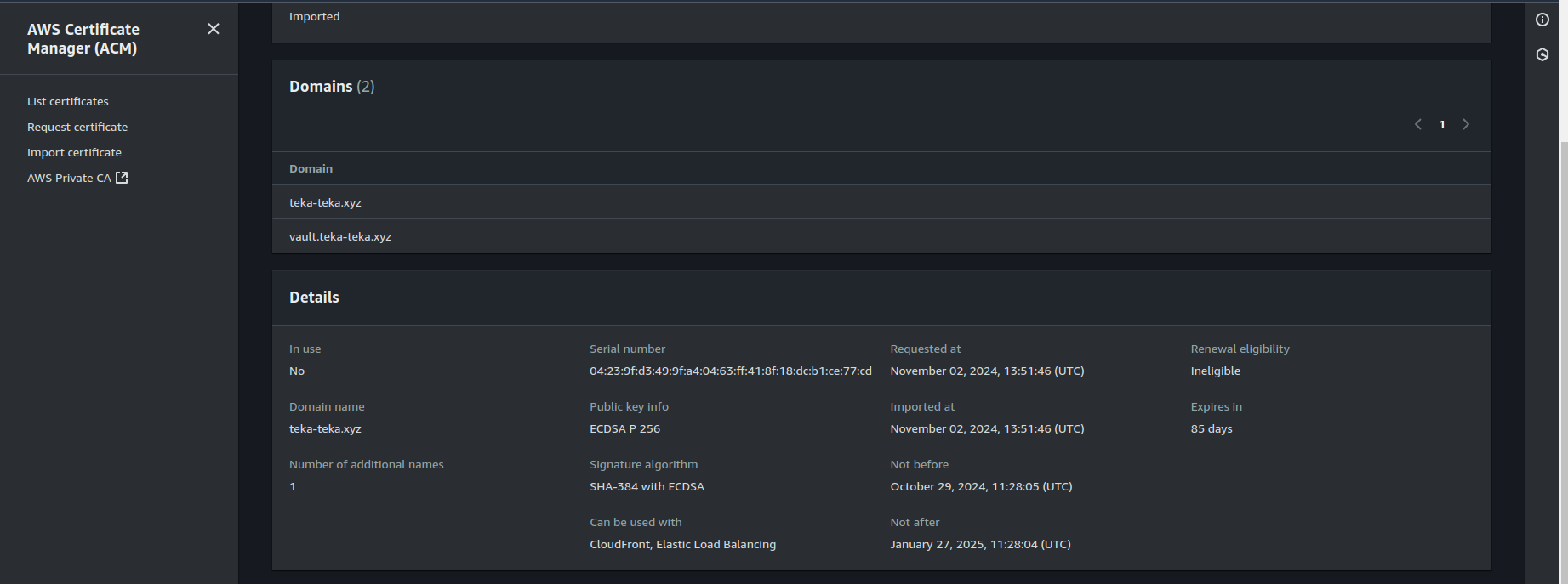 Imported Certificate in Certificate Manager