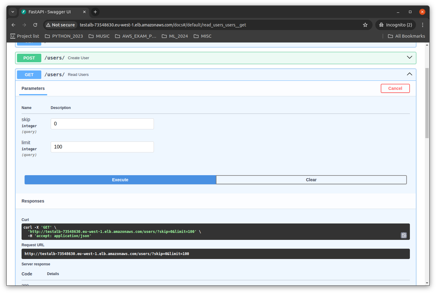 FastAPI application swagger docs