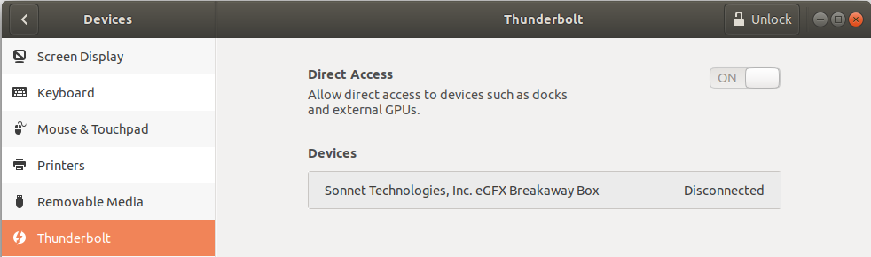 GNOME Panel view of thunderbolt